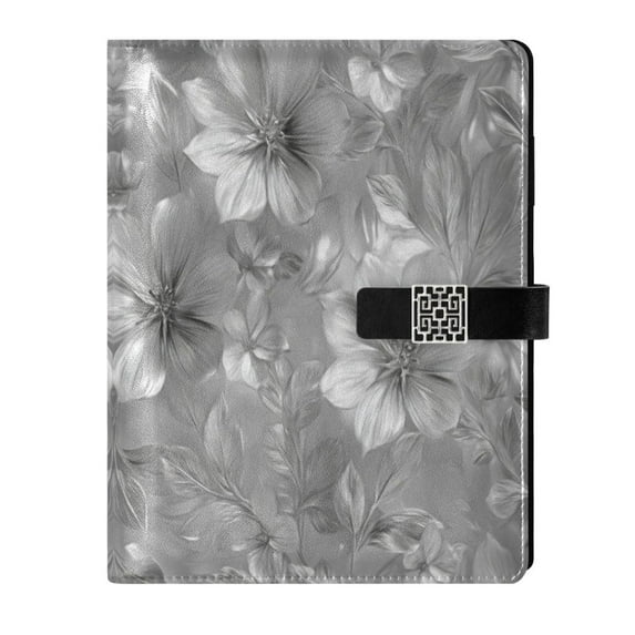 Leather Notebook with Pen Holder Writing Notepad Includes 100 Pages Lined Journal Silver Metal Flower Pattern