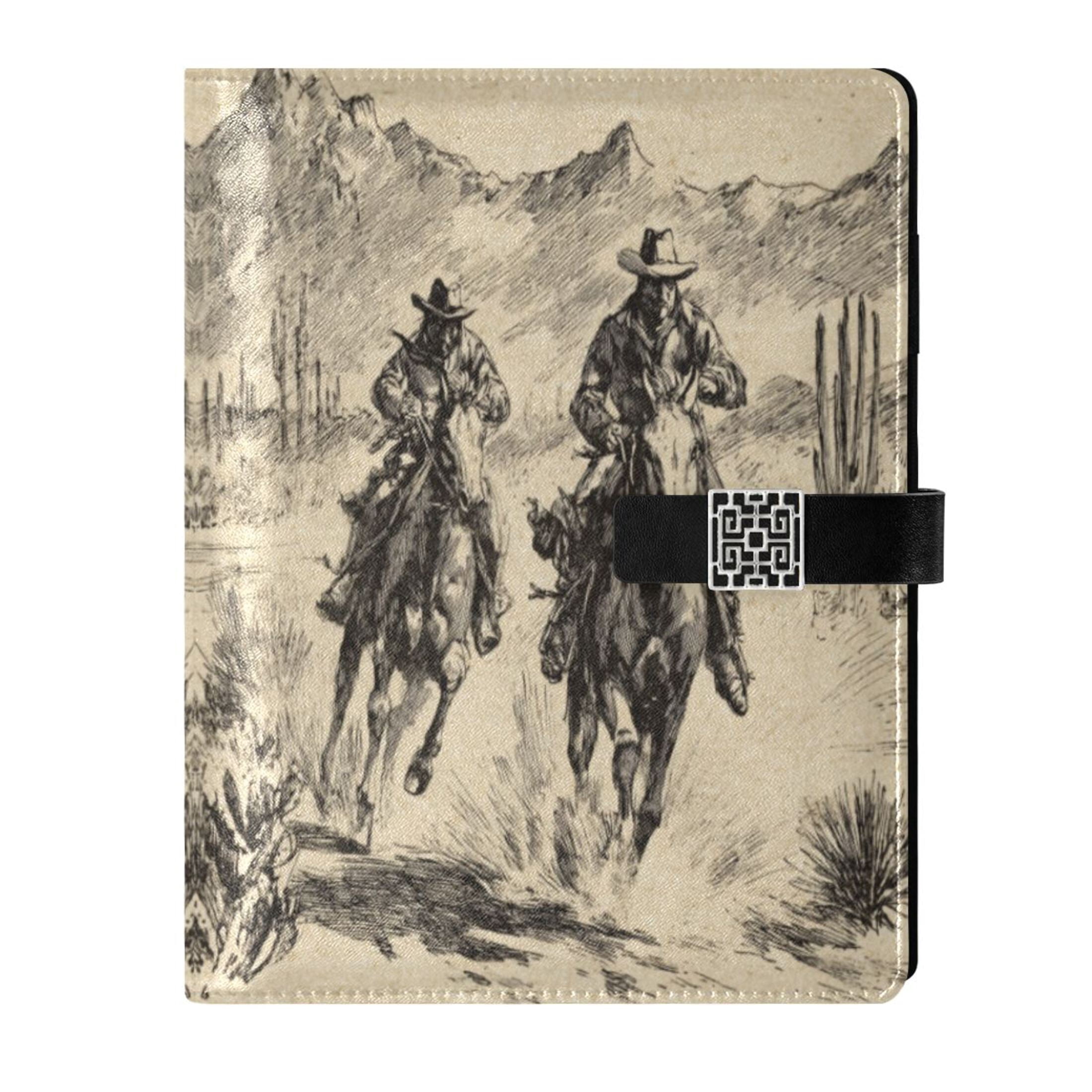 Leather Notebook with Pen Holder Writing Notepad Includes 100 Pages Lined Journal Vintage Cowboy Illustration