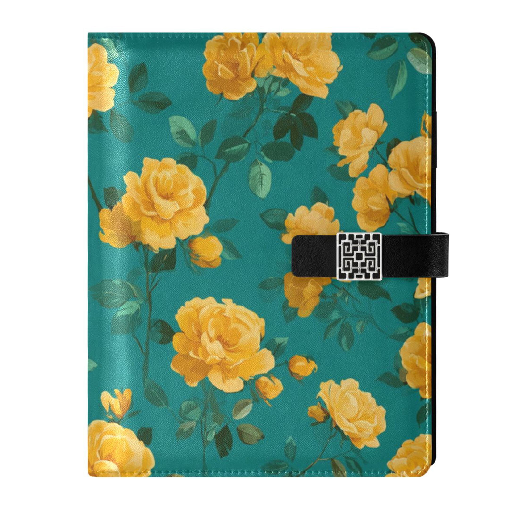 Leather Notebook with Pen Holder Writing Notepad Includes 100 Pages Lined Journal Vintage Yellow Rose Pattern