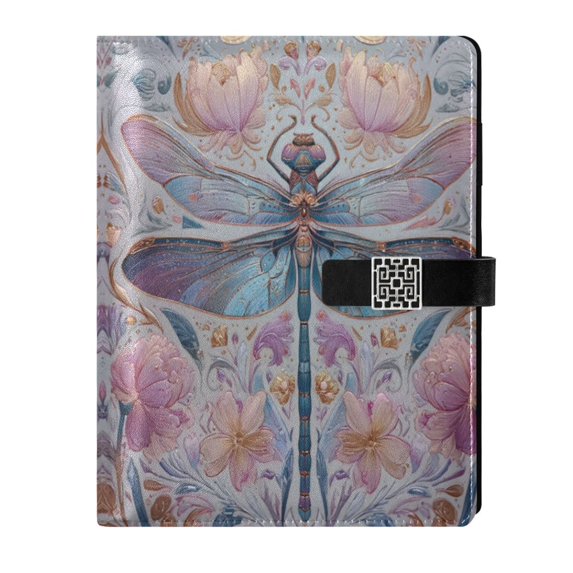 Leather Notebook with Pen Holder Writing Notepad Includes 100 Pages Lined Journal Watercolor Ornate Dragonfly