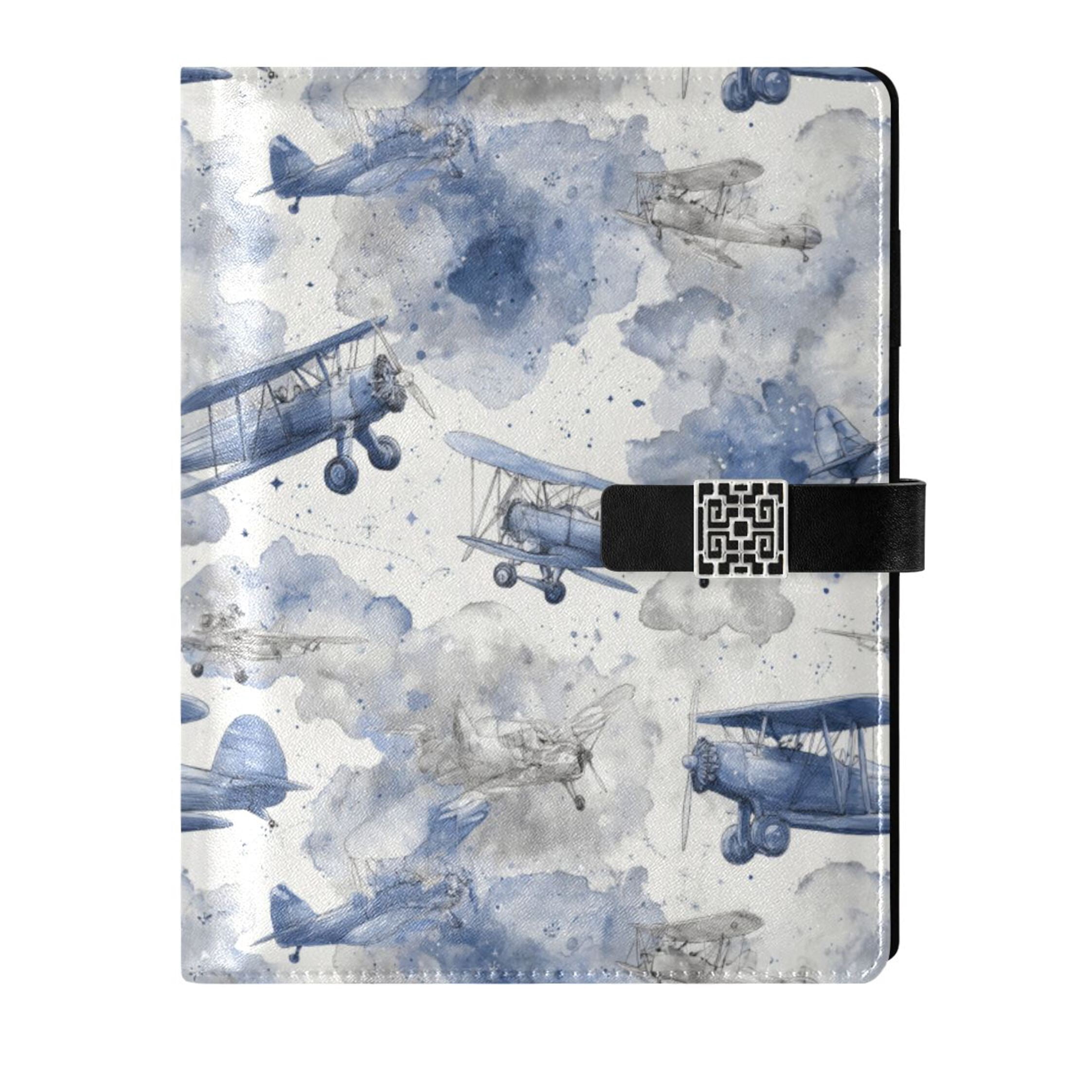 Leather Notebook with Pen Holder Writing Notepad Includes 100 Pages Lined Journal Watercolor Vintage Planes