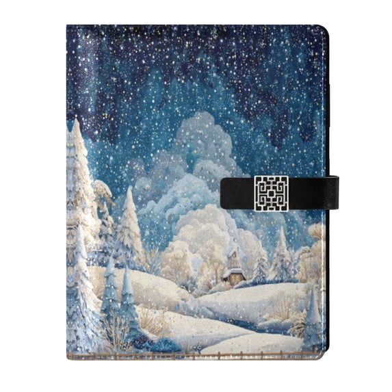 Leather Notebook with Pen Holder Writing Notepad Includes 100 Pages Lined Journal Winter Fairyland Scene