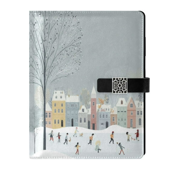 Leather Notebook with Pen Holder Writing Notepad Includes 100 Pages Lined Journal Winter Wonderland with Small Town