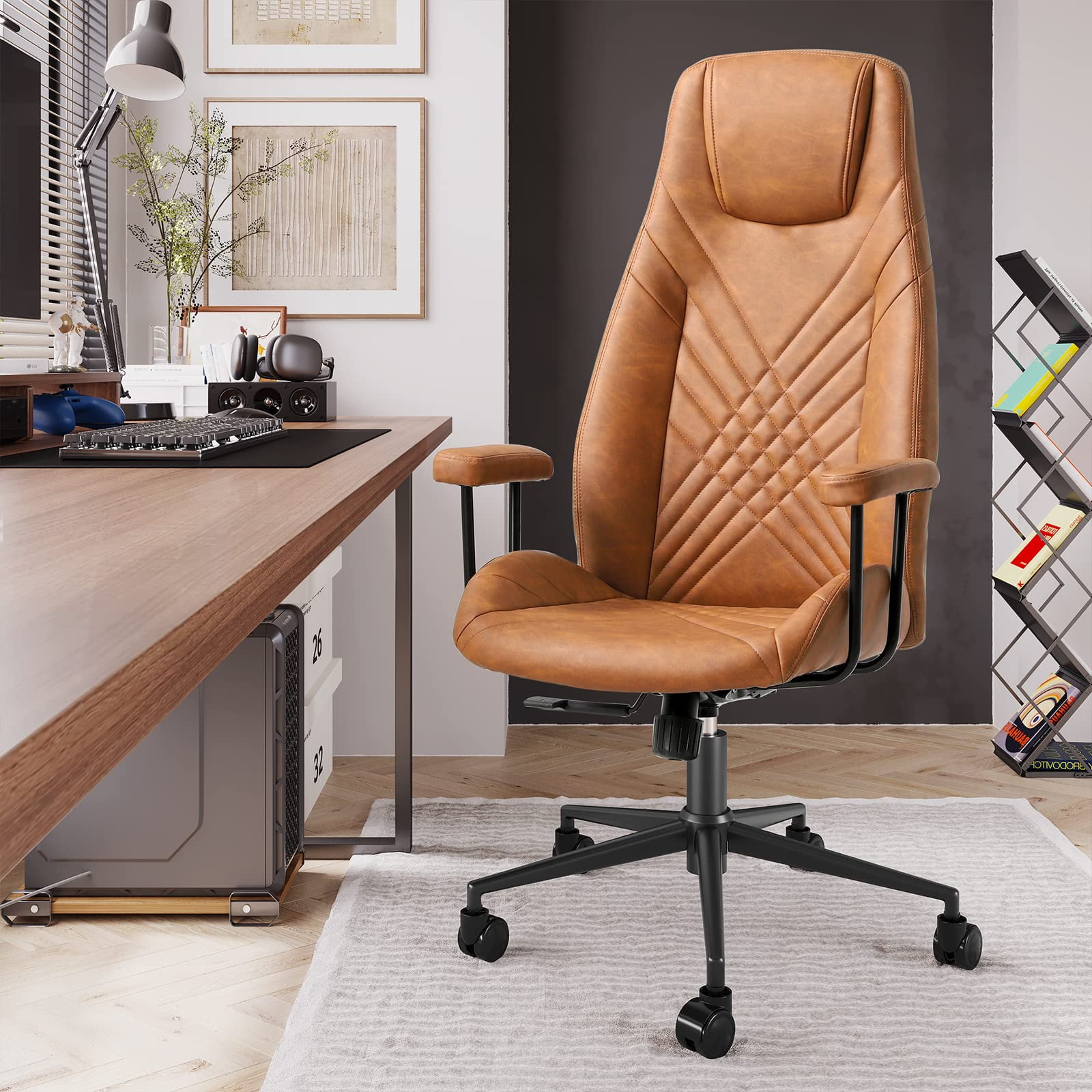 Midcentury-Style Leather High-Back Office Chair