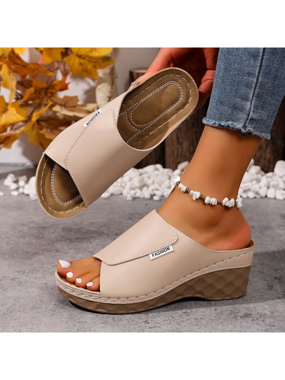 Leather Open toe Slide Sandals for Women, Wedge Heel Platform Mules, Comfortable Casual Shoes for Beach, Pool, And Daily Wear Beige 42