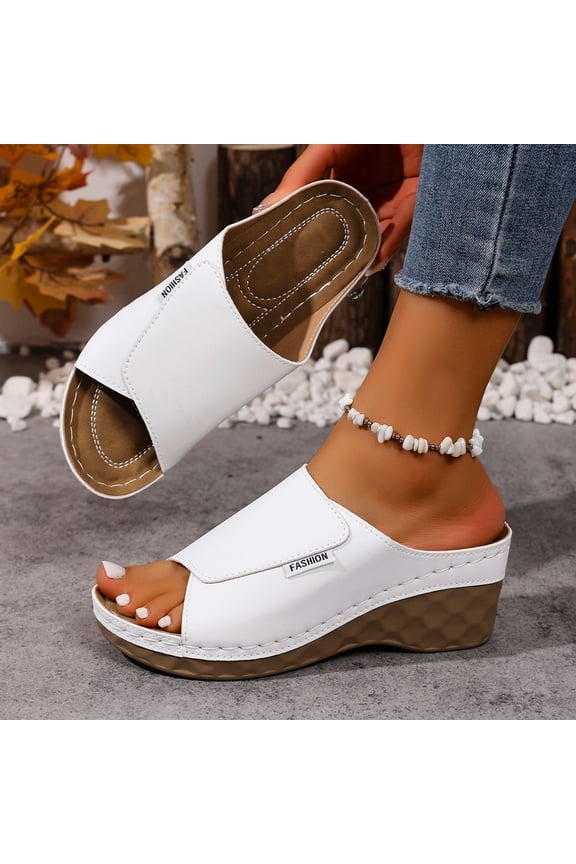 Leather Open toe Slide Sandals for Women, Wedge Heel Platform Mules, Comfortable Casual Shoes for Beach, Pool, And Daily Wear White 42