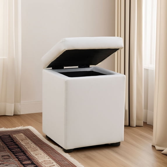 Leather Ottoman Foot Rest Bench Square Foot Stools Living Room Storage Ottoman for Bedroom and Dorm,Rectangular White