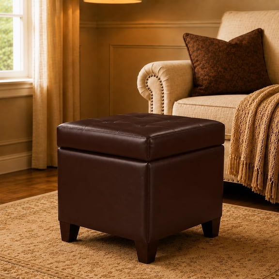Leather Ottoman with Storage,18" Square Ottomans Foot Rest with Hinged Lid & Solid Wood Legs Upholstered Cube Footstool Hidden Storage for Living Room, Bedroom(Brown)