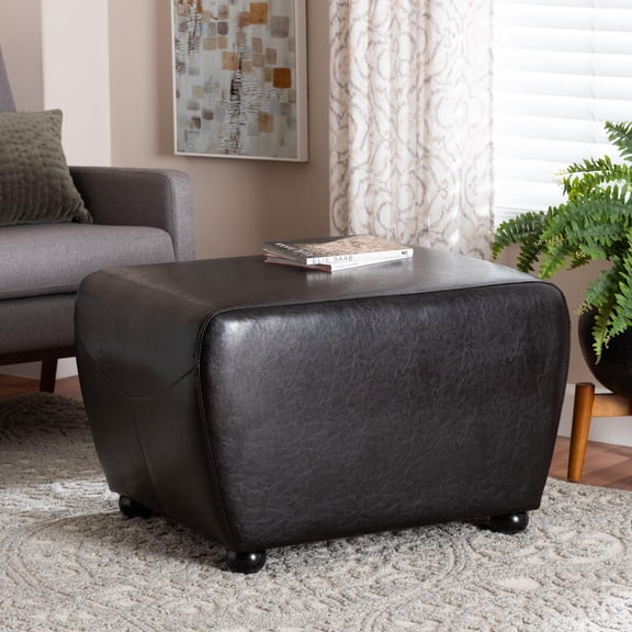 Baxton Studio Dark Brown Full Leather Ottoman with Rounded Sides