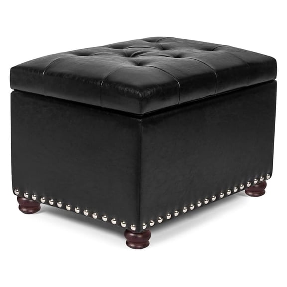 Leather Ottoman with Storage,24Foot Rest Ottomans with Hinged Lid Rectangle Upholstered Foot Stools Nailhead Trim for Living Room Bedroom,Black