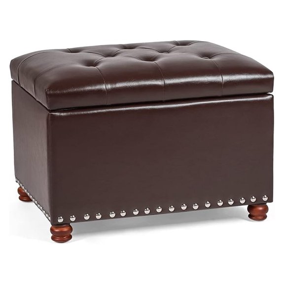 Leather Ottoman with Storage 24”, Foot Rest Stool Hinged Lid, Dark Brown