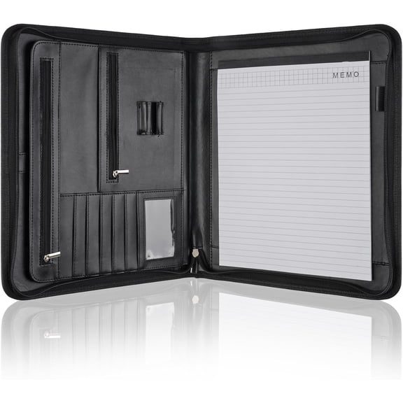Leather Padfolio Portfolio Binder Organizer, with 25 Pages Notepad & 13" Tablet Sleeve, Professional Conference Meeting Business Zipper Folder for Letter Size A4 Legal Writing Pad Document Men Women