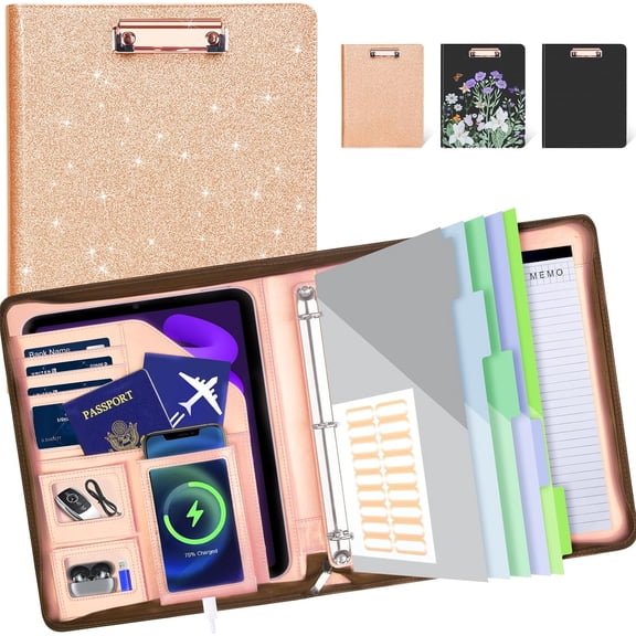 Leather Padfolio Portfolio with Clipboard Storage, Removable 3 Ring Binder 1 Inch Zipper Binder, Document Organizer for Women Men with Notepad, 5 Pocket Dividers, Pen Holder, Rose