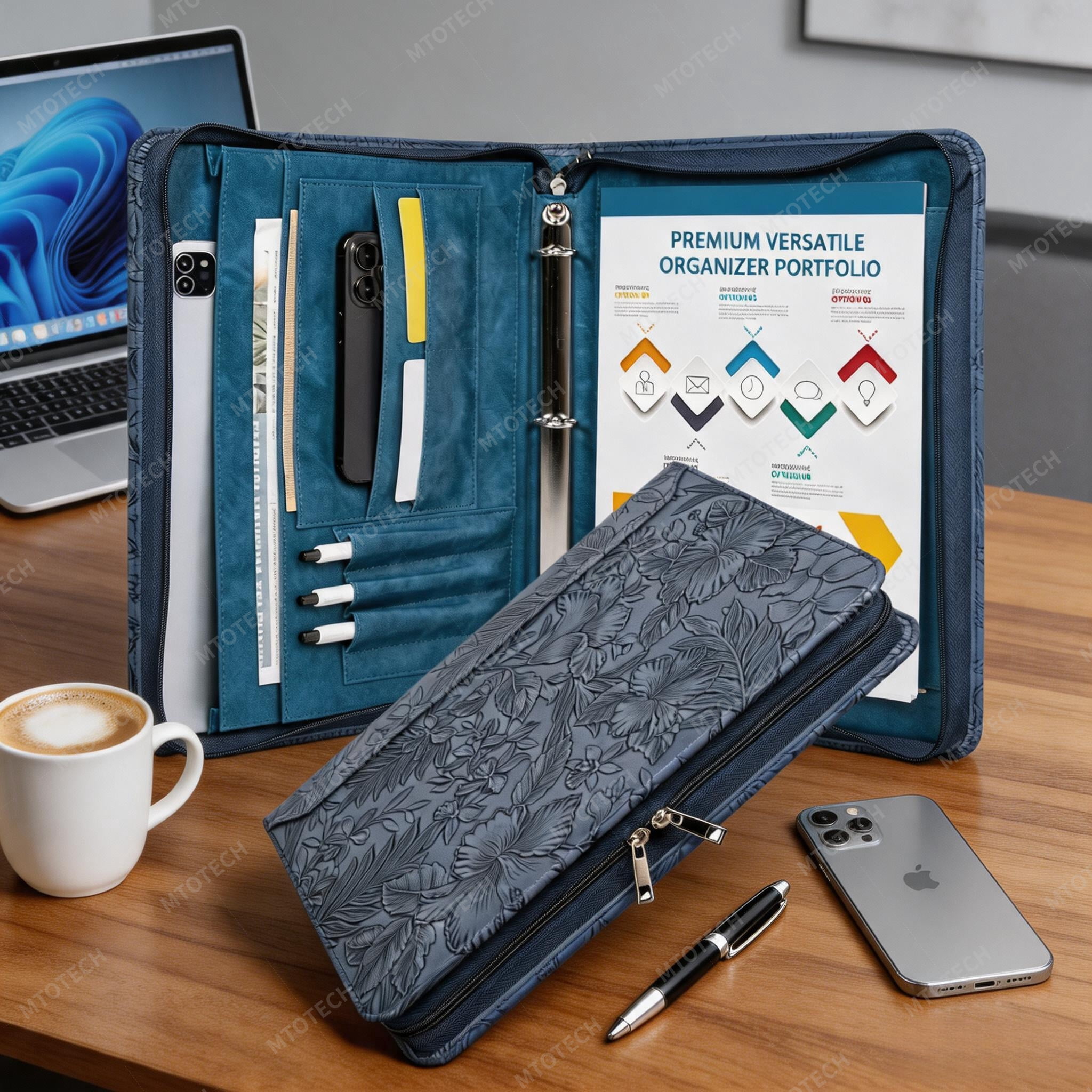 Leather Padfolio for Women,Zippered Padfolio with 3 Ring Binder,Business Portfolio Organizer for Women with A4 Writing Pad Holder, Document Organizer for Meeting/Interview