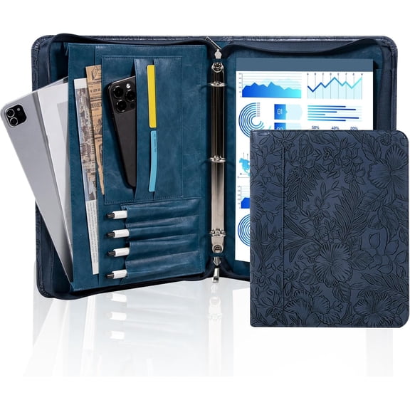 Leather Padfolio for Women,Zippered Padfolio with 3 Ring Binder,Business Portfolio Organizer for Women with A4 Writing Pad Holder, Document Organizer for Meeting/Interview