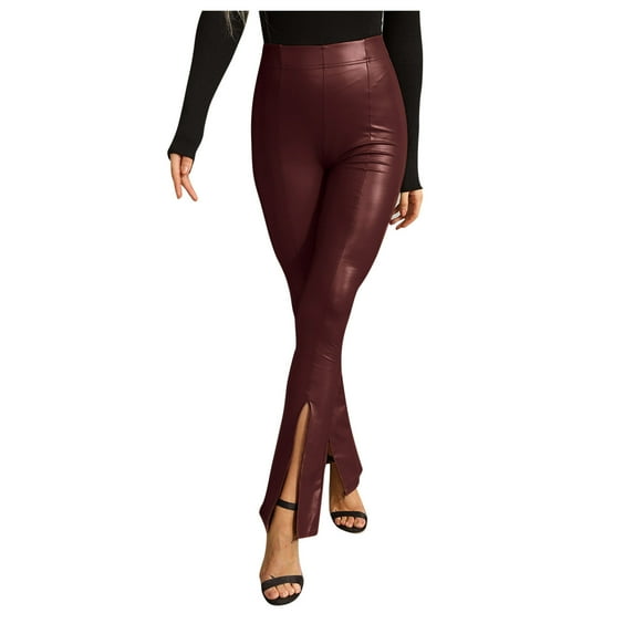 Leather Pants Pu Leather Pant Slit Legs Solid Color High Waist Casual Pant Leather Leggings XL