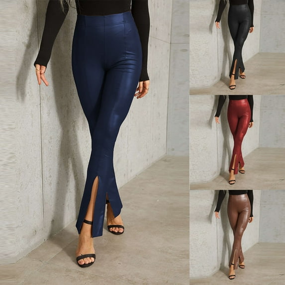 Leather Pants Women Pu Leather Flared Pants High Waist Elastic Pants Slit Pants Leather Leggings Black XL