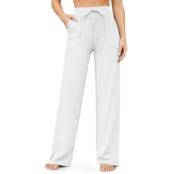 Leather Pants Women Straight Wide Leg Drawstring Yoga Baggy Pants Bootcut Fleece Lined Stretch Athletic Jogger Pants with Pocket Casual High Waisted Sweatpants White XXL