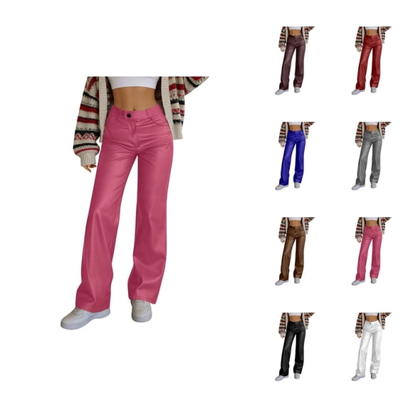 Leather Pants for Women 2026 Trendy Elastic High Waist Wide Straight Leg Casual Loose Leather Pants Slacks with Pockets