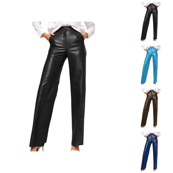 Leather Pants for Women High Waisted Lifting Straight Leg Leather Pants with Pockets Clubwear Concert Streetwear