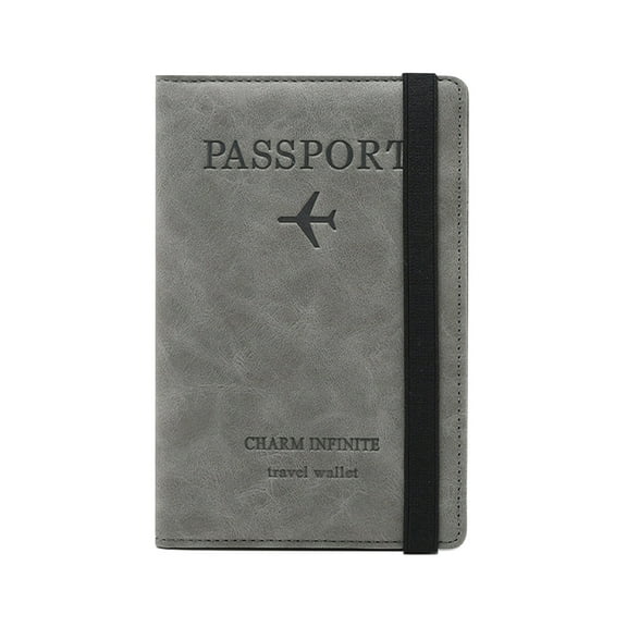 Leather Passport Holder Cover Case Rfid Blocking Travel Wallet, Passport Ticket Vaccine Card Slot and Pen Holder, Passport and Vaccine Card Holder Combo with Elastic Strap (Gray)