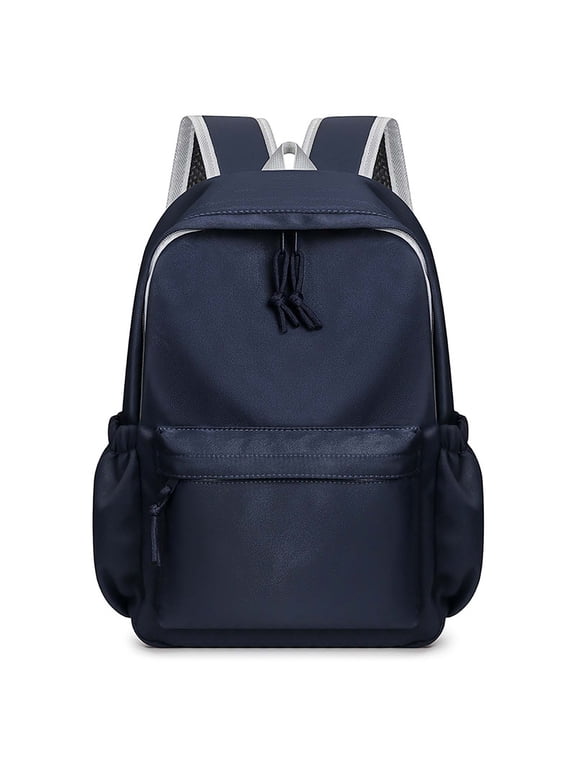 Leather Patch Color Block Backpack Drawstring Side Pocket Large Capacity Waterproof Middle Elementary Back To School Travel Bookbag
