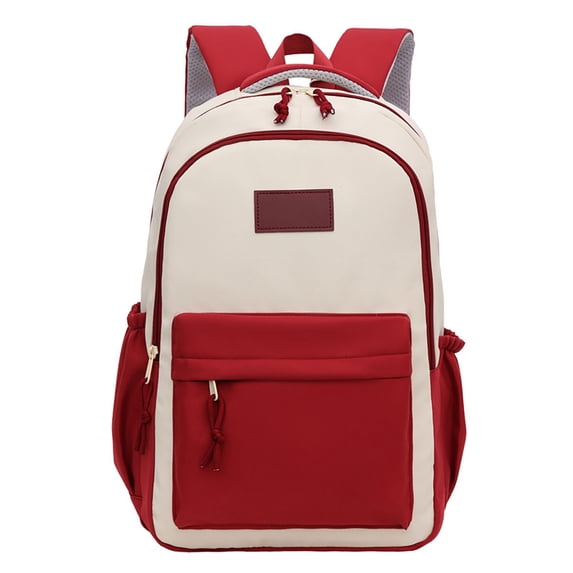 Leather Patch Color Block Backpack Drawstring Side Pocket Large Capacity Waterproof Back To School Travel Bookbag