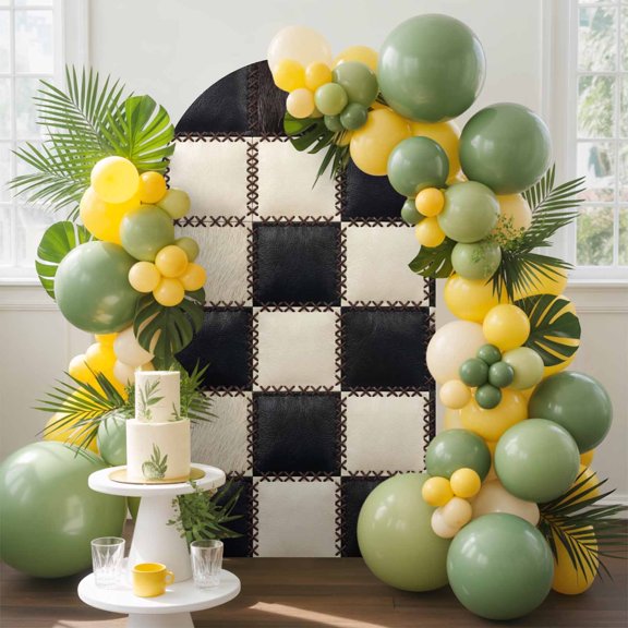 Leather Patchwork Arch Backdrop Cover, 4FT, Country Farmhouse Black White Brown Plaid Checkered Spandex Arch Covers Double-Sided Backdrop for Wedding Birthday Party Photo Background Decoration