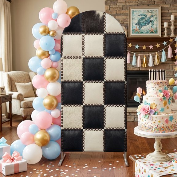Leather Patchwork Arch Backdrop Covers 5 FT, Country Farmhouse Black White Brown Plaid Checkered Stretchy Fitted Arched Stand Covers Party Arch Stand Cover Photo Booth for Wedding Birthday Decor