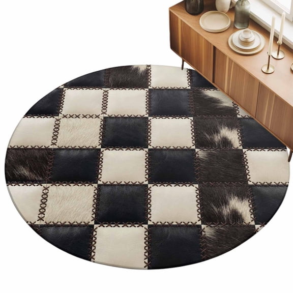 Leather Patchwork Area Rug, Country Farmhouse Black White Brown Plaid Checkered Non-Slip Felt Rubber Backing Round Indoor Carpet Washable Rugs for Living Room Bedroom 3ft