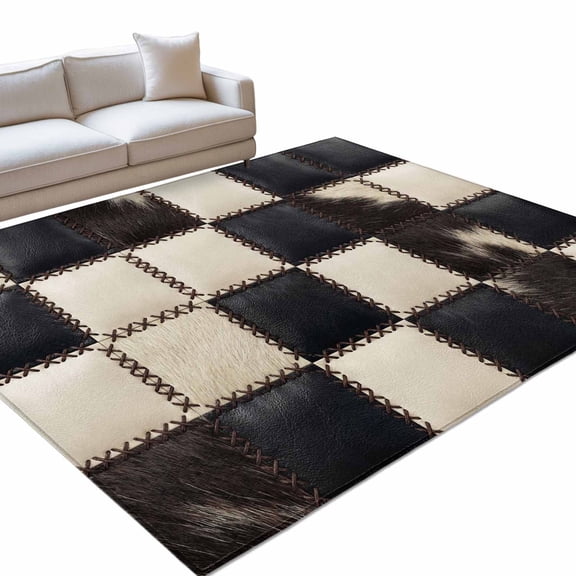 Leather Patchwork Area Rugs 2.7x5ft Country Farmhouse Black White Brown Plaid Checkered Washable Rug, Non Slip Indoor Carpet Absorbent Floor Mat for Living Room Bedroom Dining Room