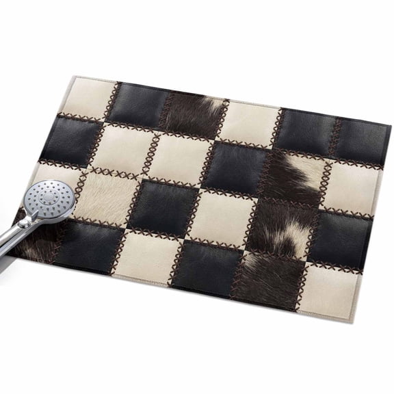Leather Patchwork Area Rugs 2x3ft Country Farmhouse Black White Brown Plaid Checkered Floor Rug Non Slip Low Pile Ultra Soft Throw Carpet for Entryway Indoor Entrance Kitchen Bathroom