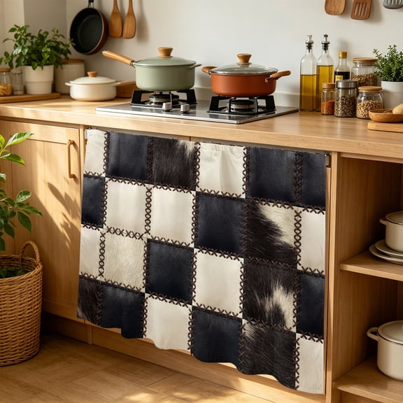 Leather Patchwork Cabinet Curtains for Kitchen 35"Wx35"L, Country Farmhouse Black White Brown Plaid Checkered Laundry Sink Cabinets Magic Tape Short Curtain Privacy Panel for Bathroom Vanity Cabinets