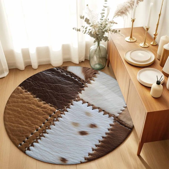 Leather Patchwork Cowhide Texture Round Rug 3ft Retro Brown and White Washable Area Rugs for Living Room Bedroom Entryway Non Slip Entrance Door Mat Indoor Floor Carpet