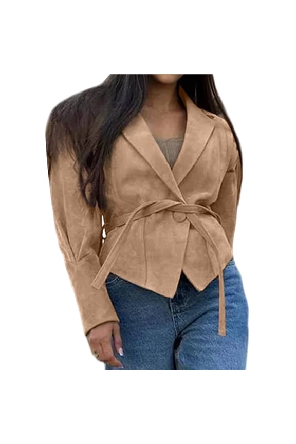 Leather Patchwork Jacket with Belt Female Long Sleeves Drawstring Tie Coat Female Thick Street Outwear Khaki L