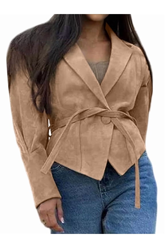 Leather Patchwork Jacket with Belt Female Long Sleeves Drawstring Tie Coat Female Thick Street Outwear Khaki S