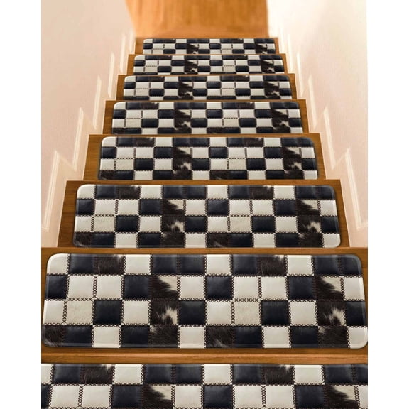 Leather Patchwork Stair Treads Country Farmhouse Black White Brown Plaid Checkered Indoor Non Slip Peel and Stick Stair Treads for Wooden Steps 15 PCS, Soft Adhesive Staircase Mats Runner Rugs 8"x30"