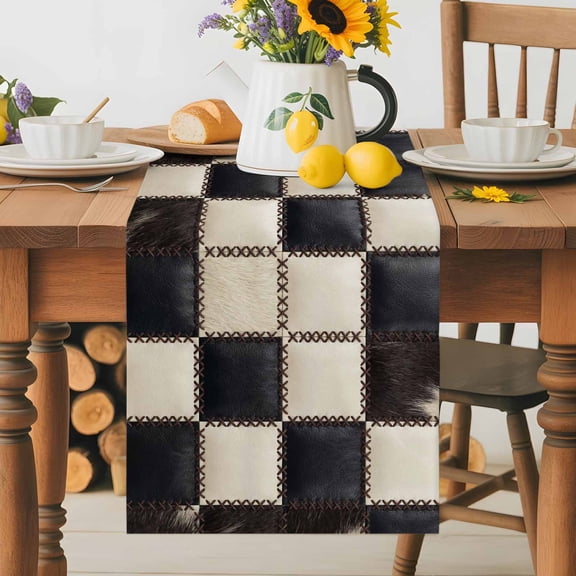 Leather Patchwork Table Runner 13x72 Inch Country Farmhouse Black White Brown Plaid Checkered Cotton Linen Dining Table Runner Ideal for Dresser Kitchen Coffee Tables - Machine Washable