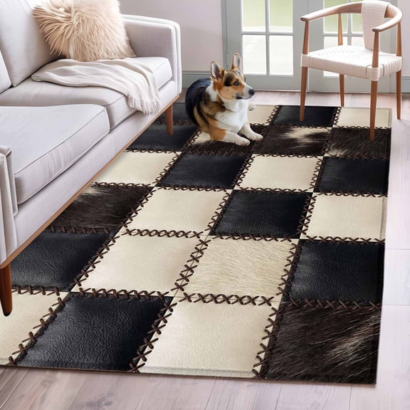 Leather Patchwork Washable Area Rug 4x6 Country Farmhouse Black White Brown Plaid Checkered Low-Profile Large Area Rugs with Non Slip Backing Indoor Floor Carpet for Entrance Living Room Bedroom