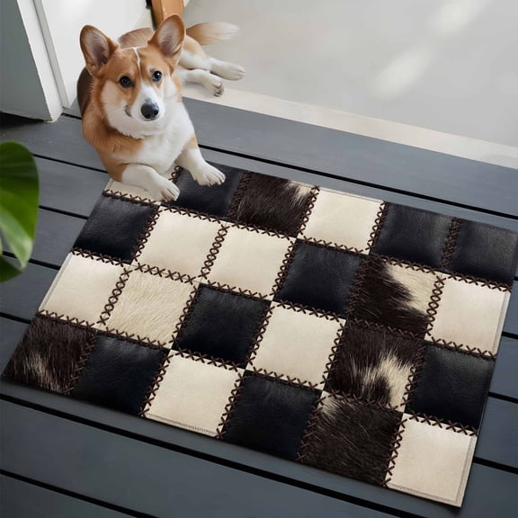 Leather Patchwork Washable Entry Rug 2x3 Country Farmhouse Black White Brown Plaid Checkered Low-Profile Area Rugs with Non Slip Backing Indoor Floor Carpet for Entrance Living Room Bedroom