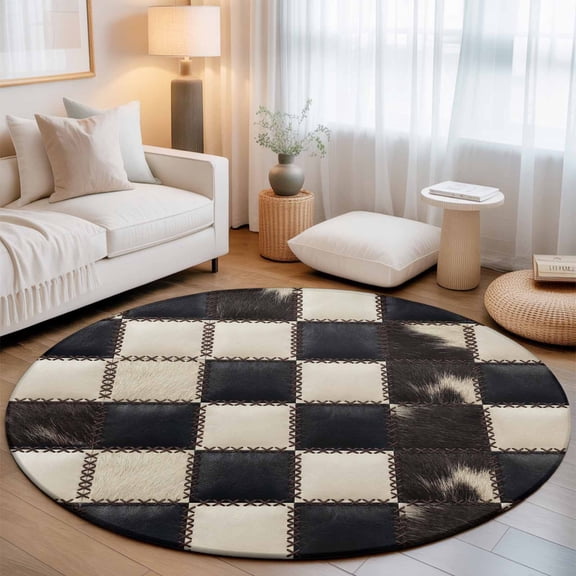 Leather Patchwork Washable Round Area Rug 3 ft, Country Farmhouse Black White Brown Plaid Checkered, Soft Non Slip Rugs Stain Repellent Indoor Felt Carpet for Living Dining Room Bedroom Home Office