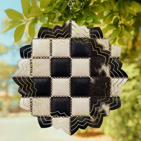 Leather Patchwork Wind Spinner for Garden Yard 8In, Country Farmhouse Black White Brown Plaid Checkered 3D Stainless Steel Kinetic Hanging Wind Spinners Rustproof Outdoor Decor for Lawn Patio Home