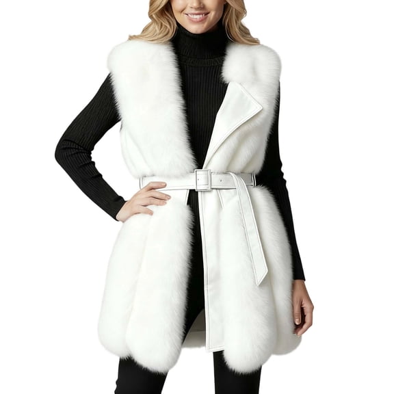 Leather Patchwork Women's Fuzzy Vests Sleeveless Mid-Length Warm Elegant Jacket Outerwear Winter Coats with Belt