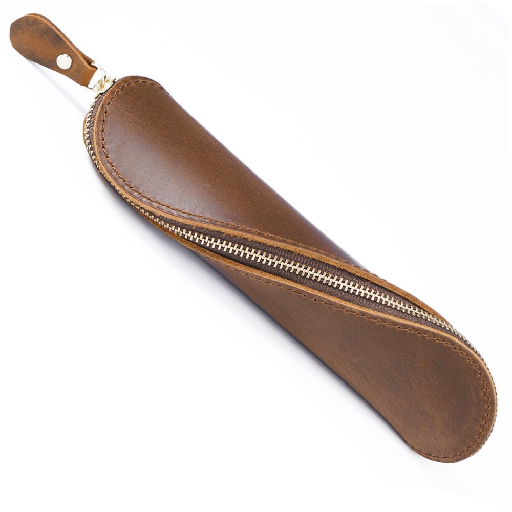 Leather Pen Case Pencil Bag Pouch With Zipper Pen Holders Handmade Genuine Leather For Men Women Businessmen And Artists Home Work Office (Brown,Excluding pencils)