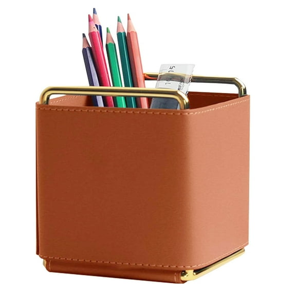 Leather Pen Holder, Pencil Cup & Organizer for Essential Desktop Supplies, Handcrafted - brown