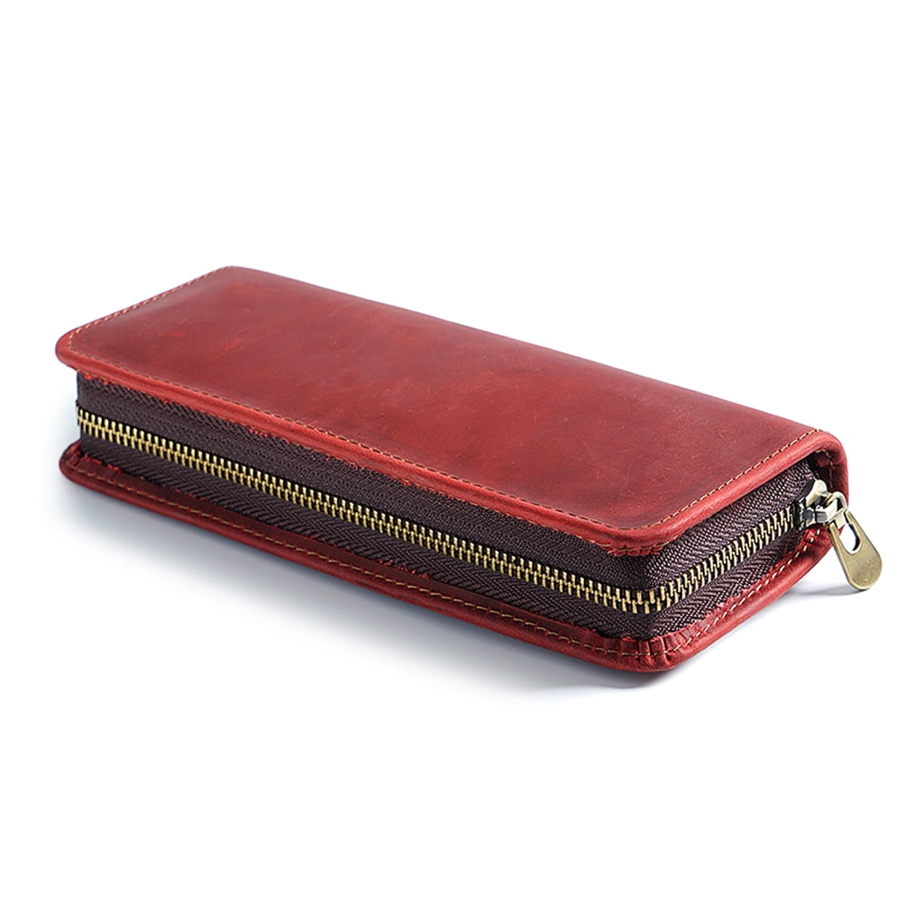 Leather Pen Case Zippered Leather Pen Pouches Elastic Pen Slots for Women Men