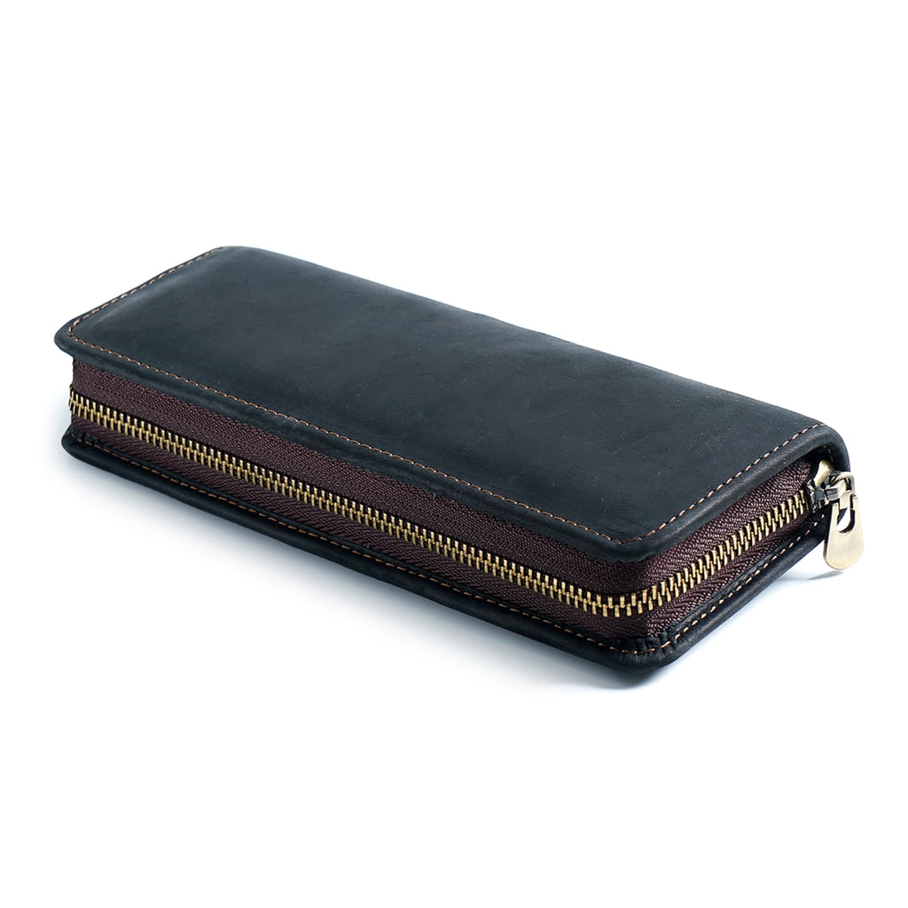 Leather Pen Case Zippered Leather Pen Pouches Elastic Pen Slots for Women Men