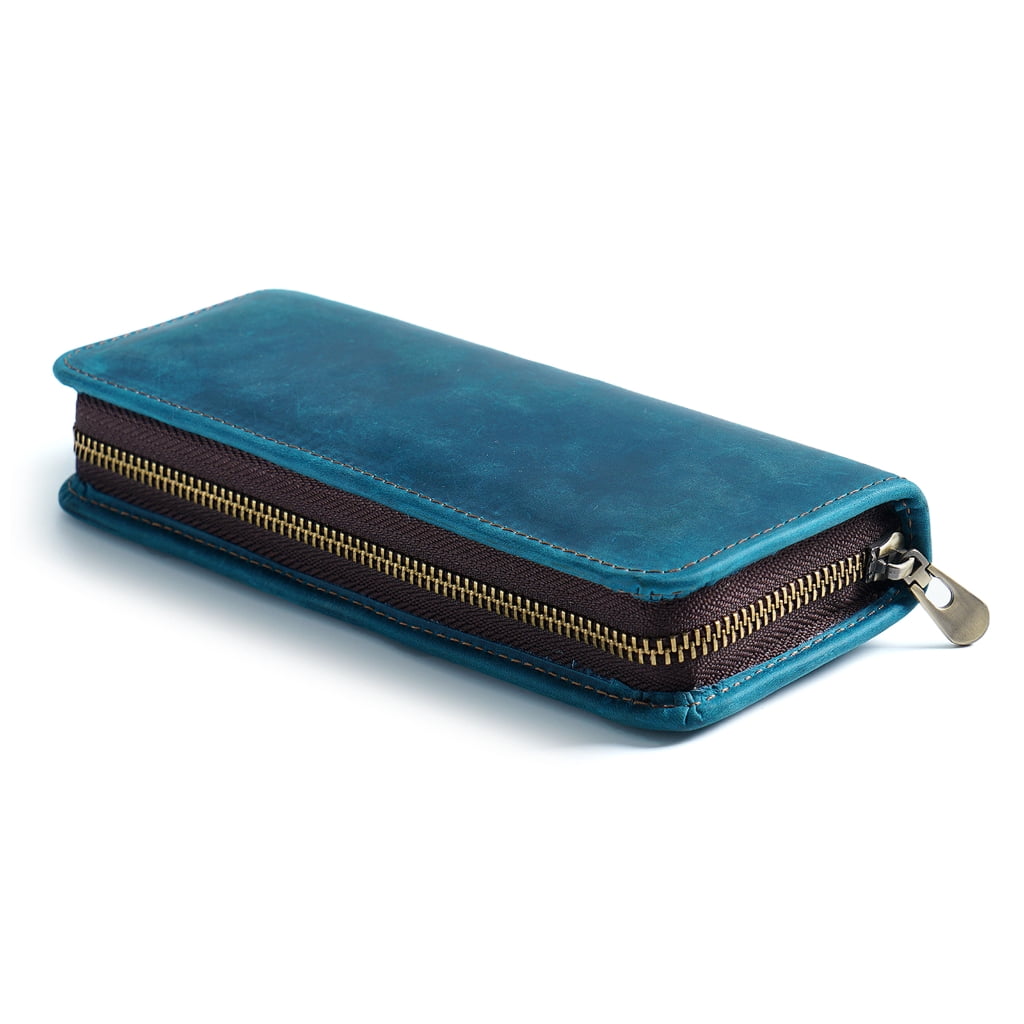 Leather Pen Case Zippered Leather Pen Pouches Elastic Pen Slots for Women Men