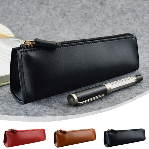 Leather Pencil Case | Large Capacity Zippered Stationery Bag | Vintage Matte PU Organizer | Multi-Compartment Pen Pouch | Portable Business Office Supply Holder | 8.07 x 1.57 x 2.36 in