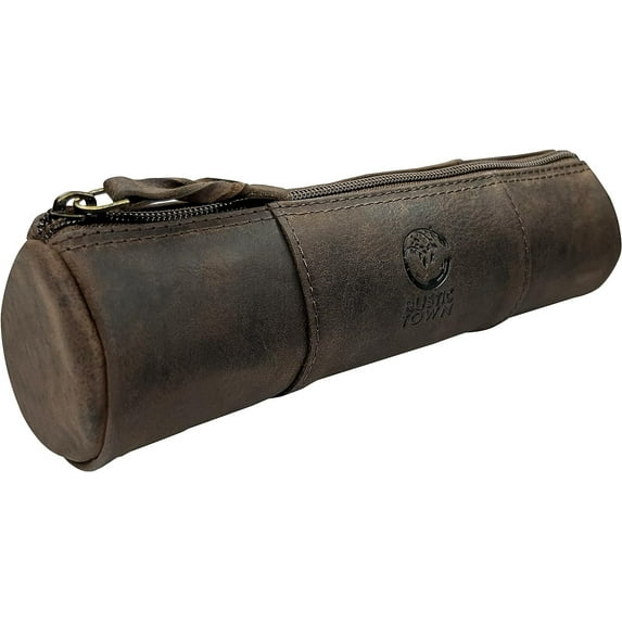 Leather Pencil Cases Zipper Pen Pouch, Vintage Stationery Bag Gift for Artists by Rustic Town, Dark Brown